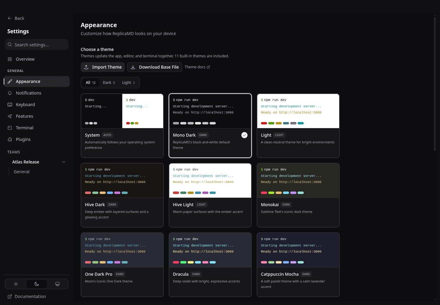Appearance settings shows the Mono Dark default together with system, light, and alternate theme cards using terminal-style previews.