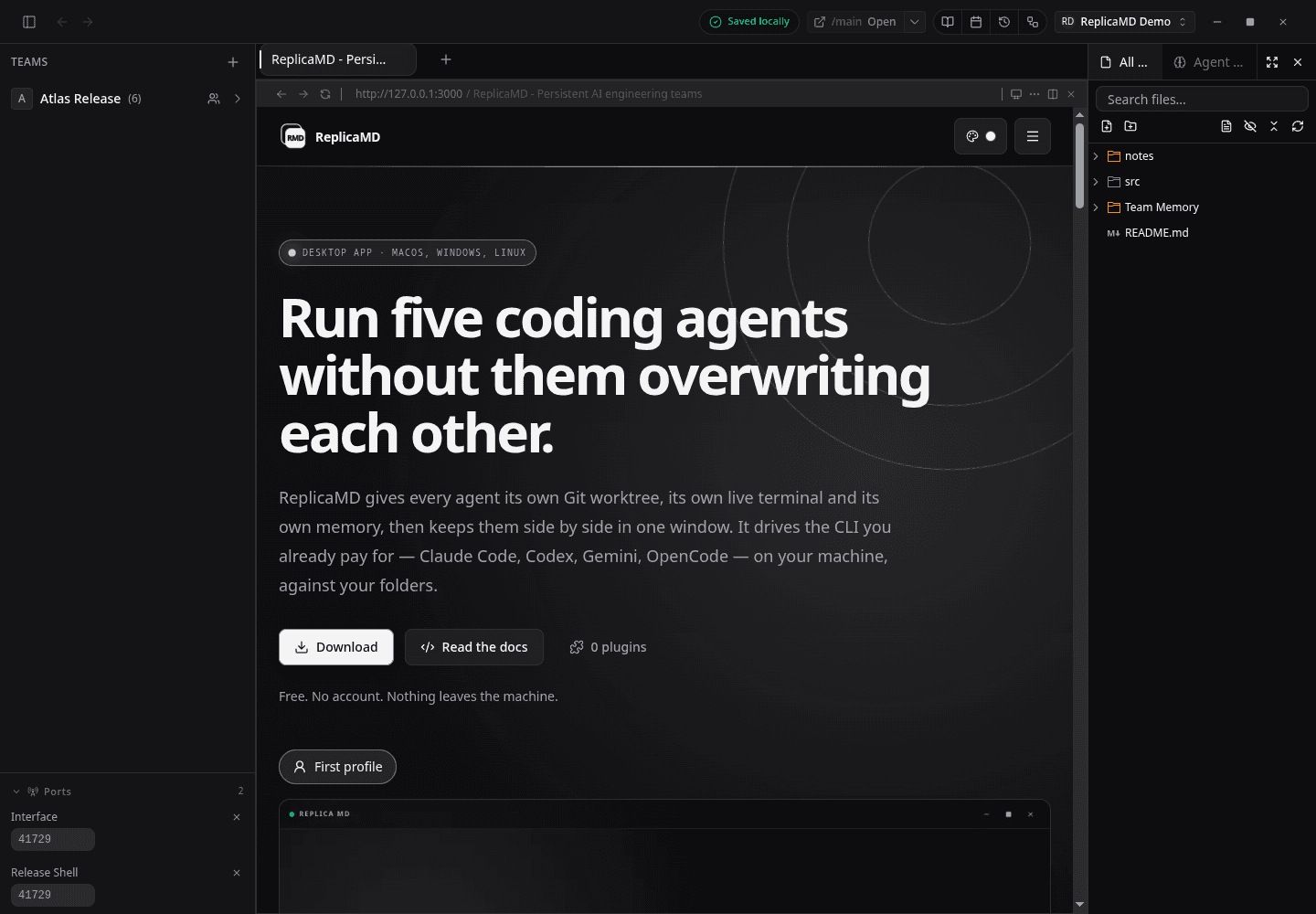 Website Preview renders the running ReplicaMD homepage inside the project window alongside the team and repository tree.