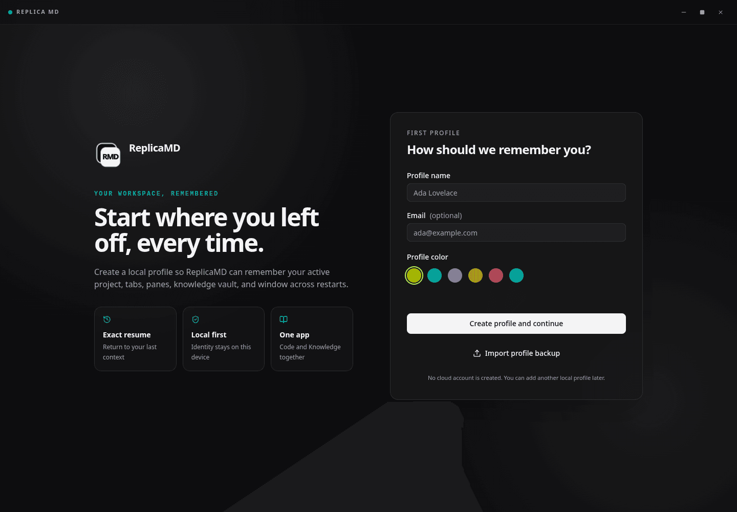 Name, optional email, profile color, and the local-only continuation action on the current first-profile screen.