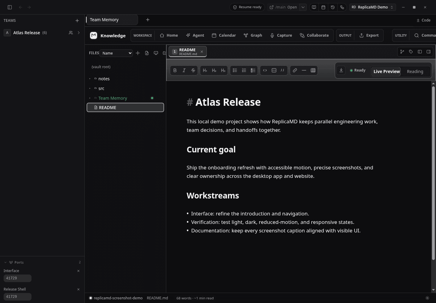 The repository README is open in Team Memory with its folder tree, editor controls, live preview, and Git-ready status visible.