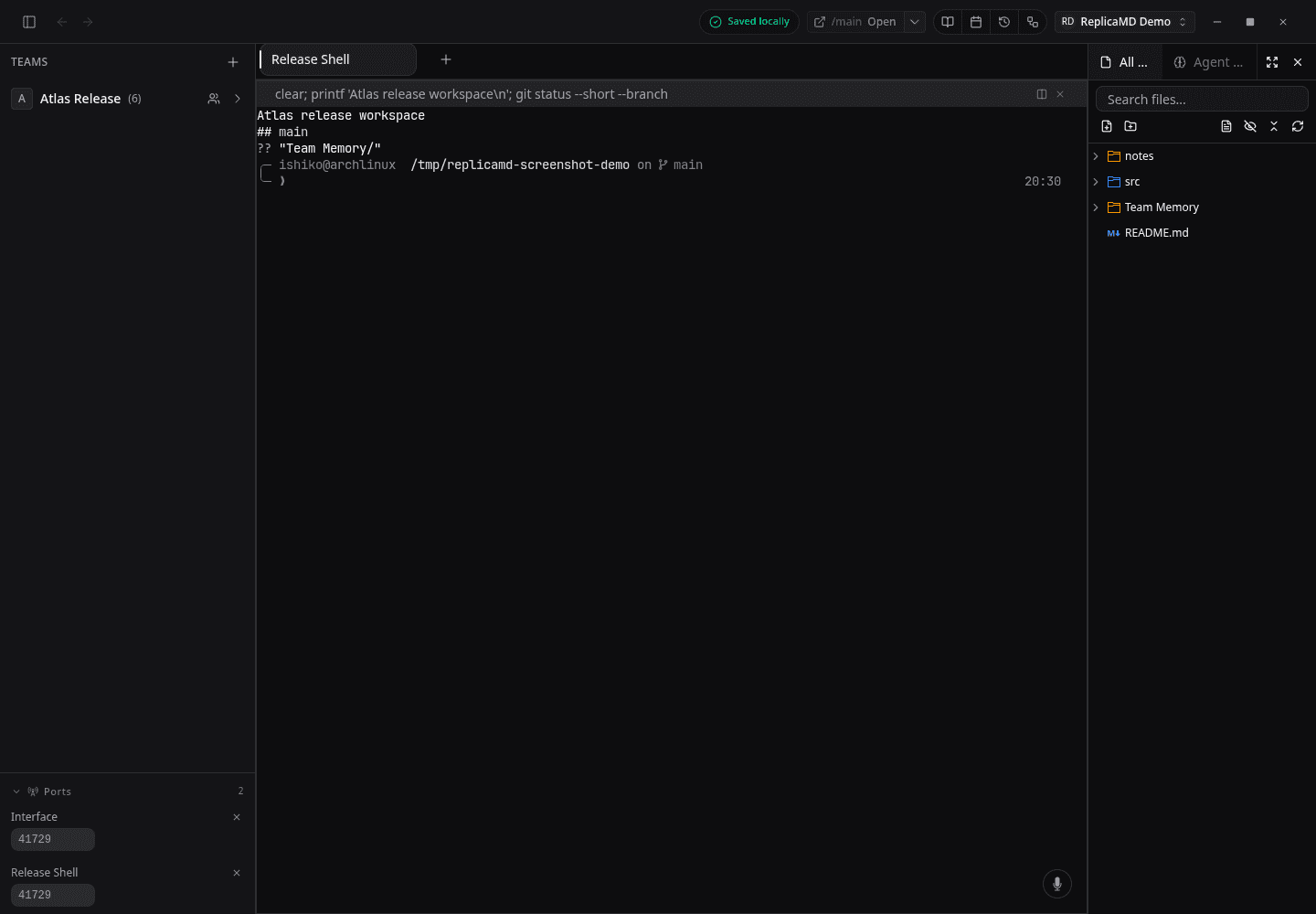 Release Shell shows the current Git branch and working tree while the project files remain visible in the right sidebar.
