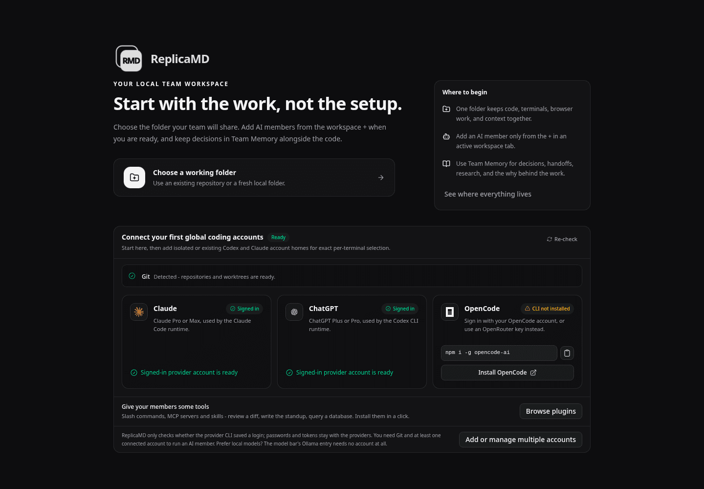The opening workspace screen maps the first actions, provider checklist, and the button that reveals the complete introduction.